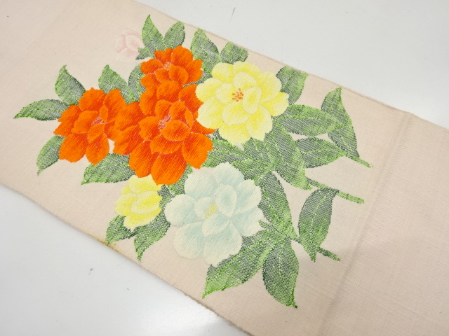 JAPANESE KIMONO / ANTIQUE NAGOYA OBI / SILK / MAWATA TSUMUGI / WOVEN FLORAL PLANTS